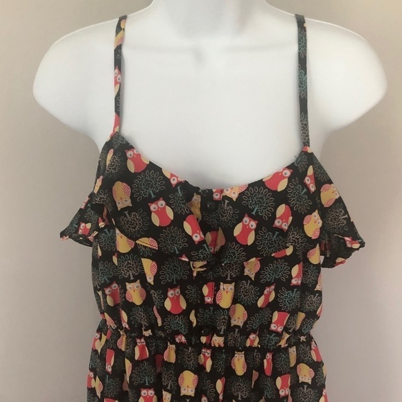 Hana by Morena black Owl design Spaghetti strap mini flounce dress size small - Picture 2 of 8